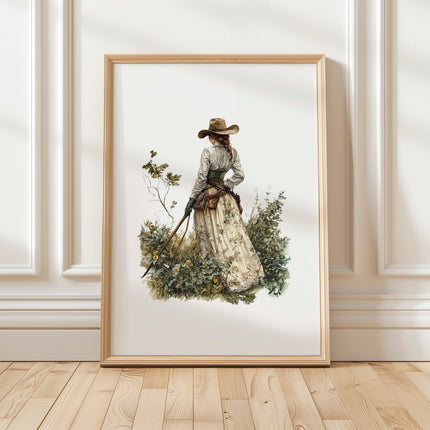 Solitary cowgirl figure in western attire with earthy tones against white background, featuring detailed dress patterns and natural foliage, creating a nostalgic, tranquil atmosphere for rustic spaces.