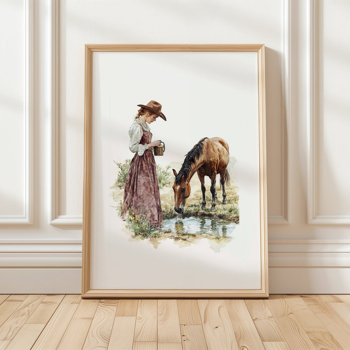 Watercolor pastoral scene featuring a woman in vintage dress with horse, in muted earthy browns and sage green, creating a serene, tranquil atmosphere perfect for rustic country decor.