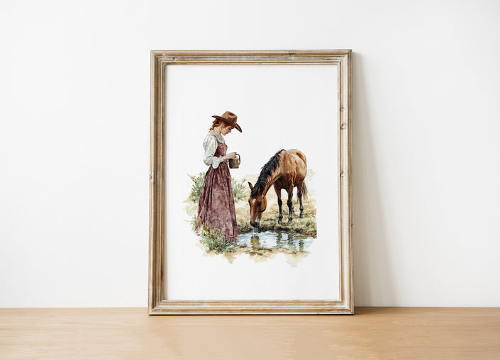 Watercolor pastoral scene featuring a woman in vintage dress with horse, in muted earthy browns and sage green, creating a serene, tranquil atmosphere perfect for rustic country decor.