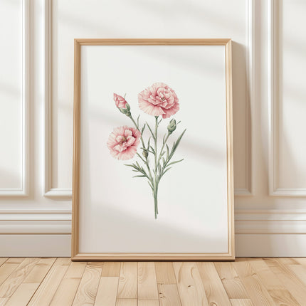 Delicate pink carnations with sage green stems on a white background, framed in rustic wood, creating a serene botanical illustration with Scandinavian and farmhouse charm.