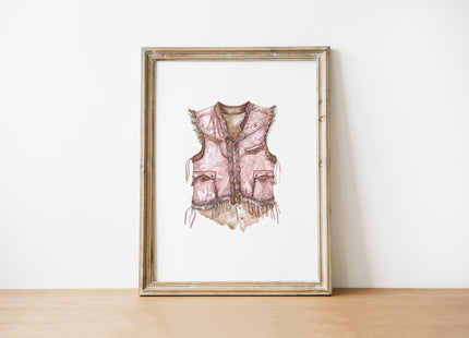 Watercolor illustration of a blush pink leather vest with intricate fringe details, button accents, and textured brushwork against white background, creating a sophisticated bohemian western aesthetic.