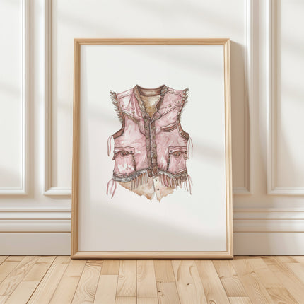 Watercolor illustration of a blush pink leather vest with intricate fringe details, button accents, and textured brushwork against white background, creating a sophisticated bohemian western aesthetic.