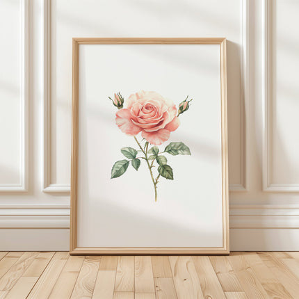 Delicate vintage pink rose with lush green leaves on white background, featuring detailed petals and harmonious composition, perfect for creating serene, elegant spaces with classic charm.