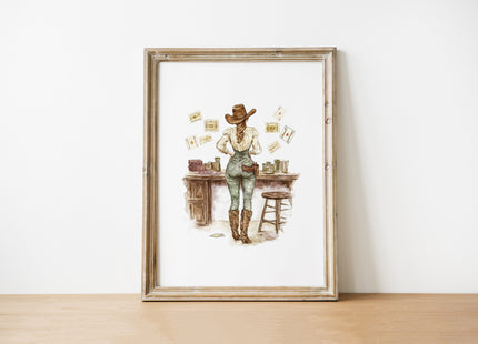 Watercolor painting of a cowgirl in Western attire standing at wooden bar with playing cards, featuring rustic browns and sage greens in vintage style perfect for country-themed spaces.