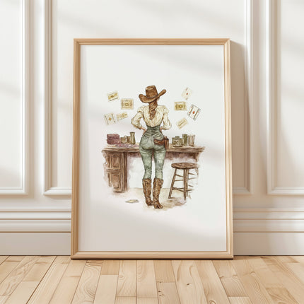 Watercolor painting of a cowgirl in Western attire standing at wooden bar with playing cards, featuring rustic browns and sage greens in vintage style perfect for country-themed spaces.