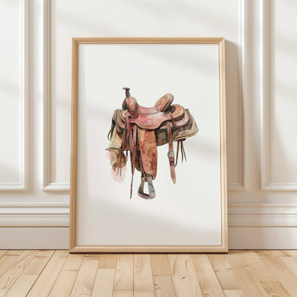 Watercolor illustration of a vintage western saddle with rich terracotta, beige and brown leather textures and detailed buckle accents against a clean white background, creating a rustic farmhouse aesthetic.