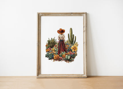 Vintage-style illustration of woman in wide-brimmed hat surrounded by desert flora including cacti and sunflowers in earthy terracotta, green and yellow tones against white background.