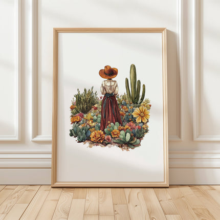 Vintage-style illustration of woman in wide-brimmed hat surrounded by desert flora including cacti and sunflowers in earthy terracotta, green and yellow tones against white background.