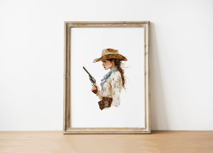 Watercolor portrait of a poised cowgirl with revolver, hat, and scarf in earthy sepia and denim blue tones against white background, conveying nostalgic Western strength and heritage.