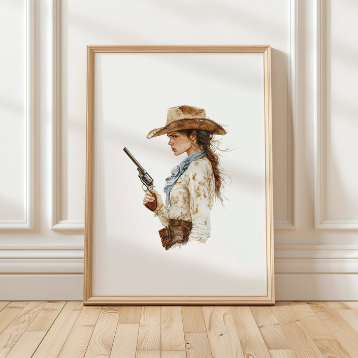 Watercolor portrait of a poised cowgirl with revolver, hat, and scarf in earthy sepia and denim blue tones against white background, conveying nostalgic Western strength and heritage.