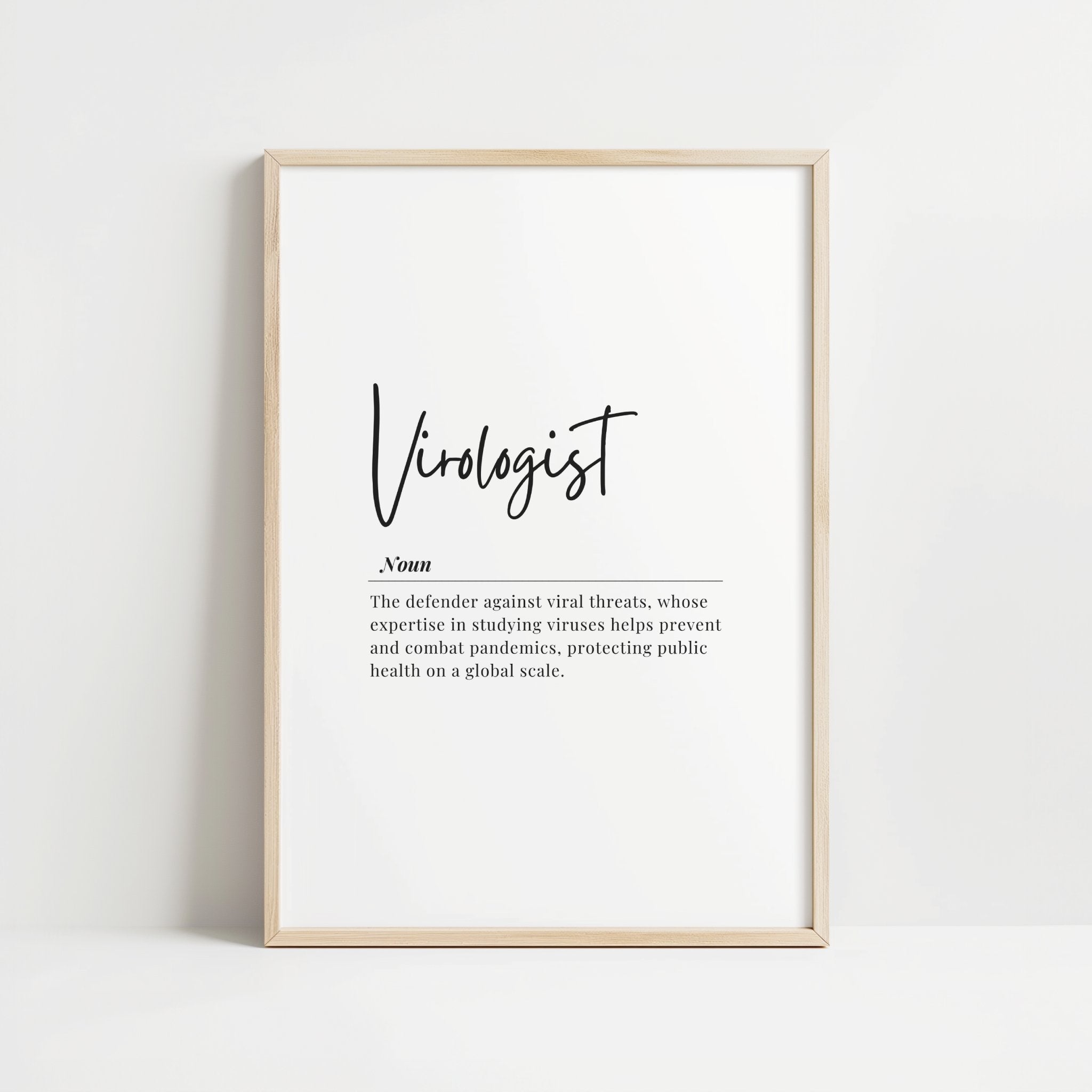 Elegant black script 'Virologist' typography on white background with serif definition text, creating a professional minimalist aesthetic in a light wooden frame.