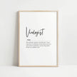 Elegant black script 'Virologist' typography on white background with serif definition text, creating a professional minimalist aesthetic in a light wooden frame.
