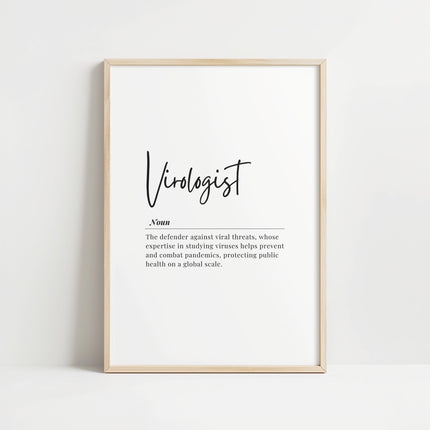 Elegant black script 'Virologist' typography on white background with serif definition text, creating a professional minimalist aesthetic in a light wooden frame.