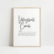 Elegant minimalist typography print featuring 'Volleyball Coach' in black cursive script on white background with inspirational definition text in serif font, presented in a sleek wooden frame.