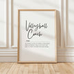 Elegant minimalist typography print featuring 'Volleyball Coach' in black cursive script on white background with inspirational definition text in serif font, presented in a sleek wooden frame.