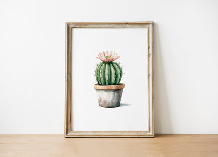 Delicate watercolor cactus in sage green with blush pink flower against white background, featuring minimalist Scandinavian design for calm, serene spaces.