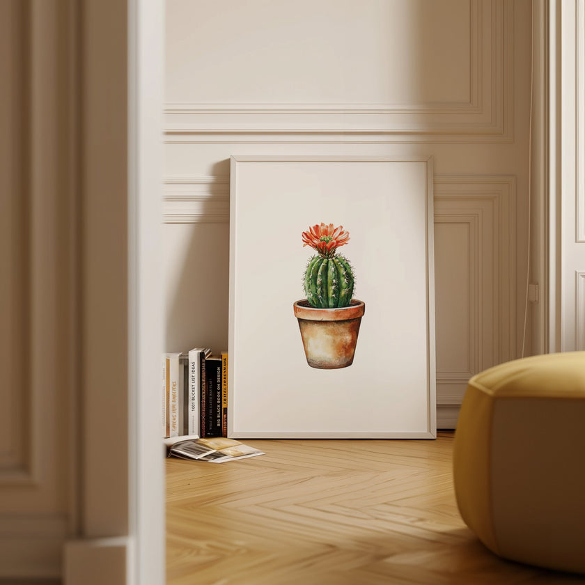 Hand-painted watercolor cactus with vibrant coral flower against white background, featuring earthy terracotta and sage green tones in a minimalist, calming composition perfect for bohemian spaces.