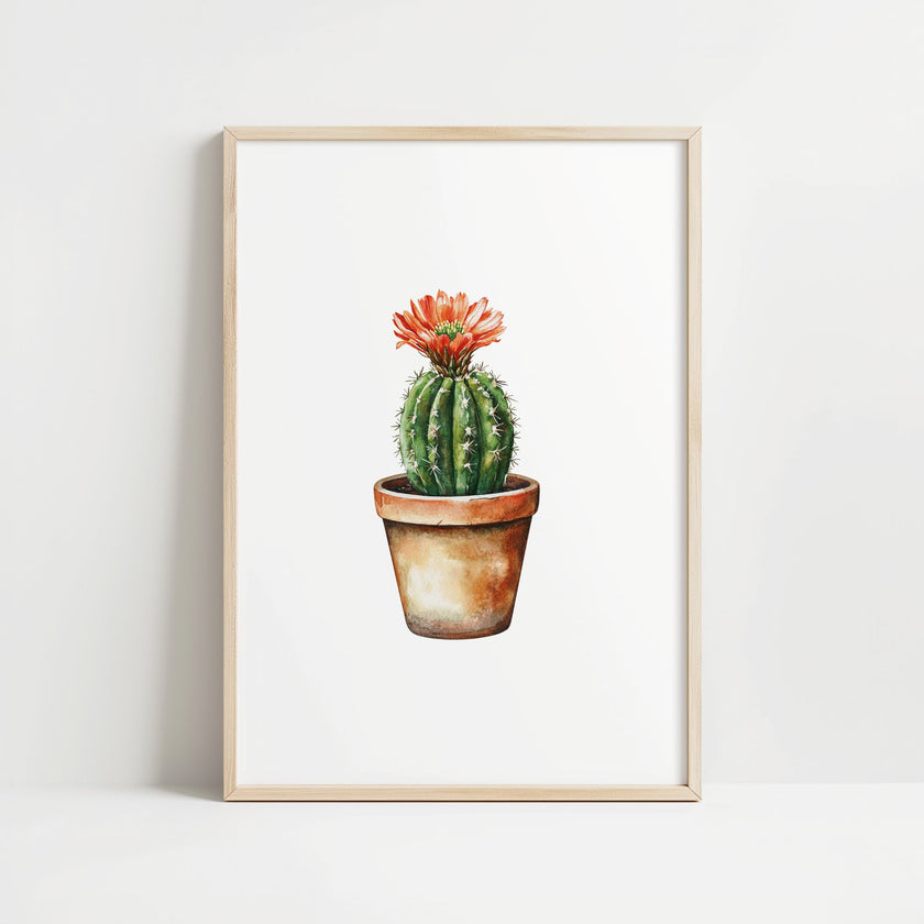 Hand-painted watercolor cactus with vibrant coral flower against white background, featuring earthy terracotta and sage green tones in a minimalist, calming composition perfect for bohemian spaces.