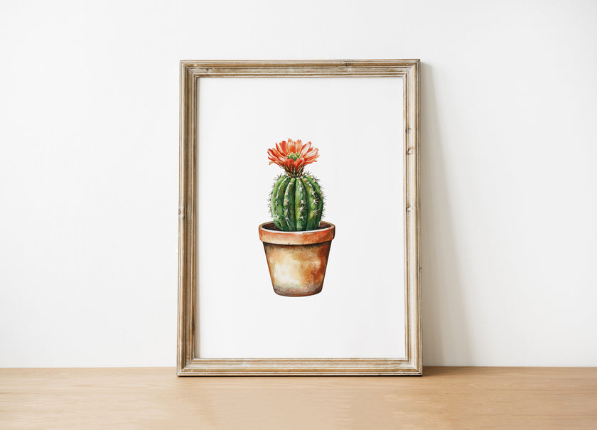 Hand-painted watercolor cactus with vibrant coral flower against white background, featuring earthy terracotta and sage green tones in a minimalist, calming composition perfect for bohemian spaces.