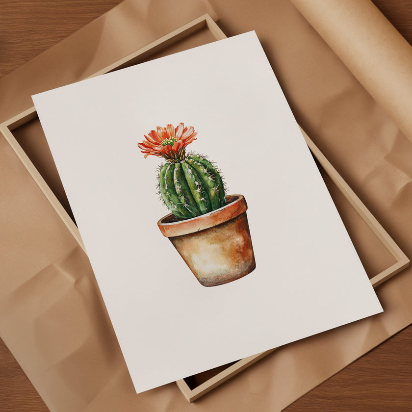 Hand-painted watercolor cactus with vibrant coral flower against white background, featuring earthy terracotta and sage green tones in a minimalist, calming composition perfect for bohemian spaces.