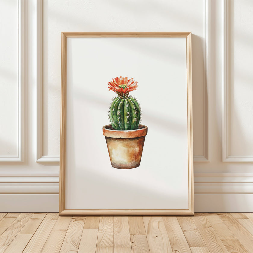 Hand-painted watercolor cactus with vibrant coral flower against white background, featuring earthy terracotta and sage green tones in a minimalist, calming composition perfect for bohemian spaces.
