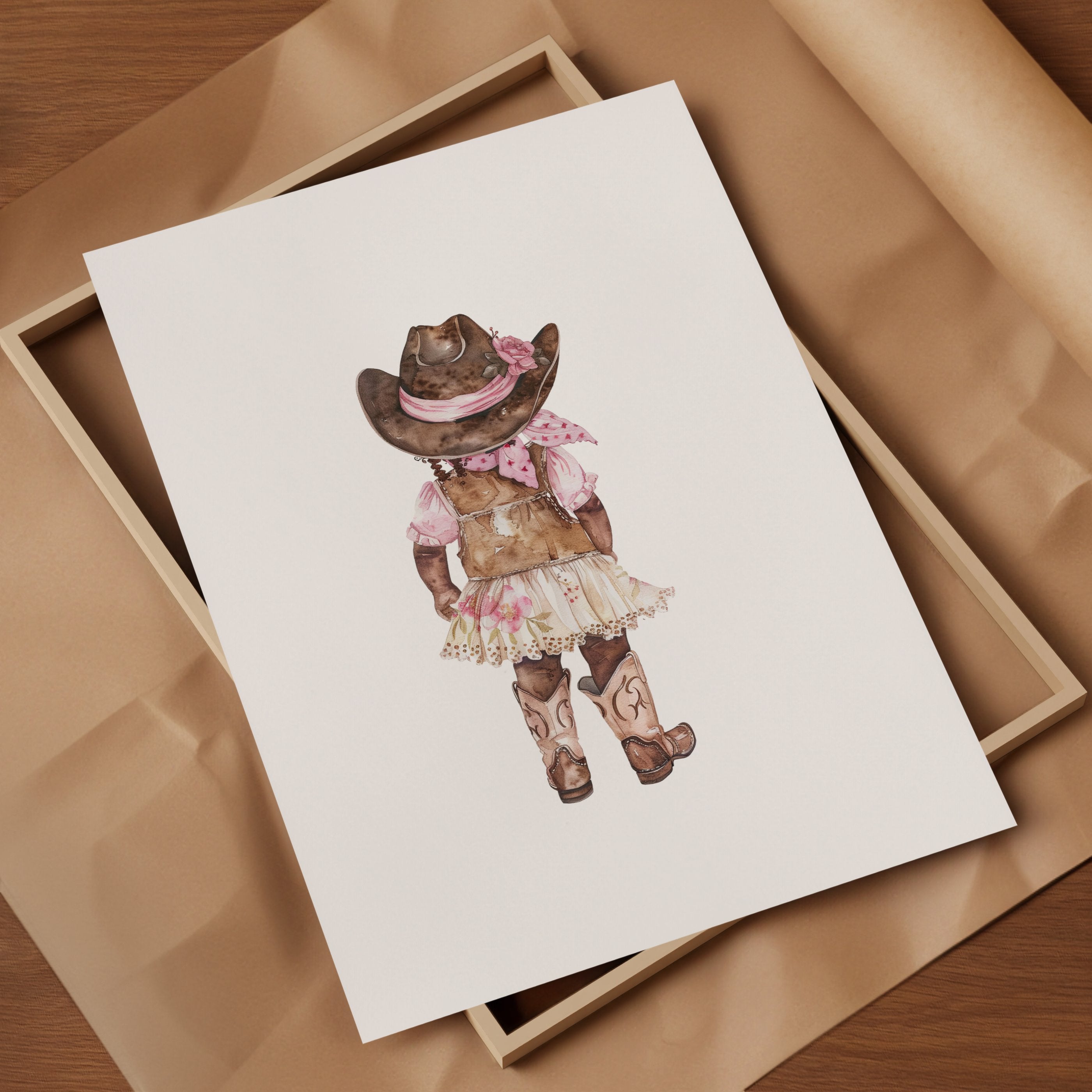 Whimsical watercolor cowgirl illustration in earthy browns, soft pinks, and cream, featuring intricately designed cowboy hat and boots with delicate floral accents, perfect for country-themed nurseries.