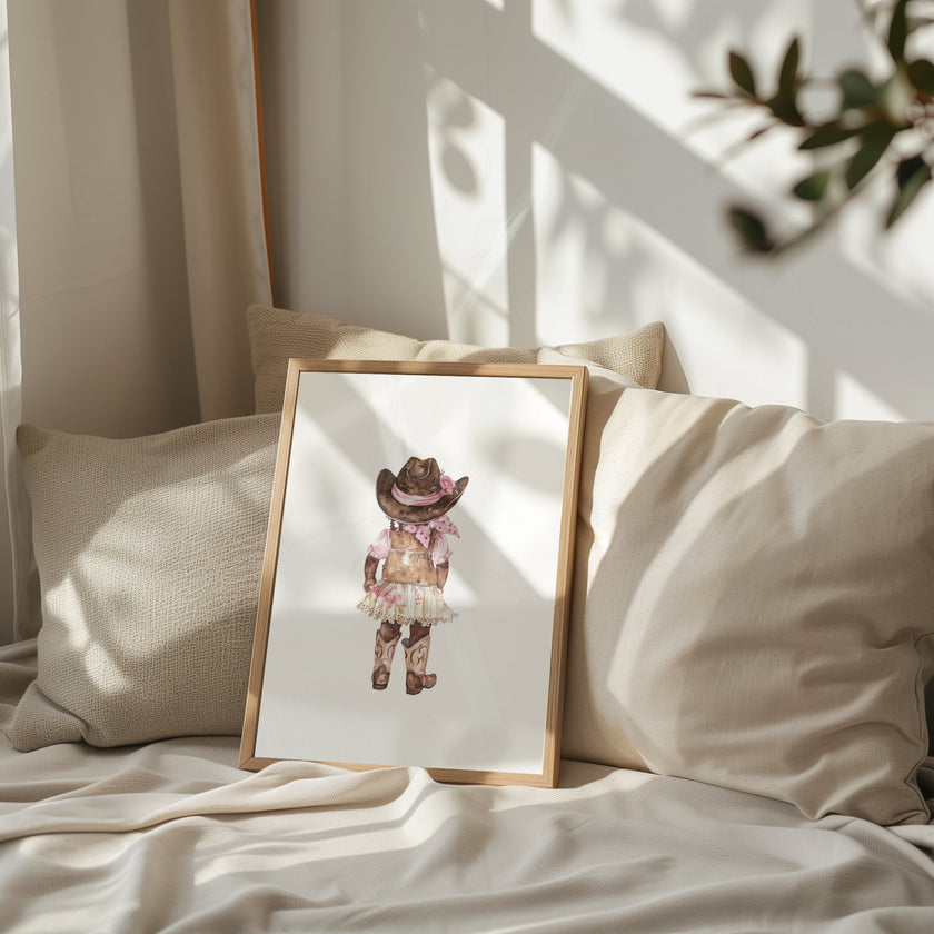 Whimsical watercolor cowgirl illustration in earthy browns, soft pinks, and cream, featuring intricately designed cowboy hat and boots with delicate floral accents, perfect for country-themed nurseries.