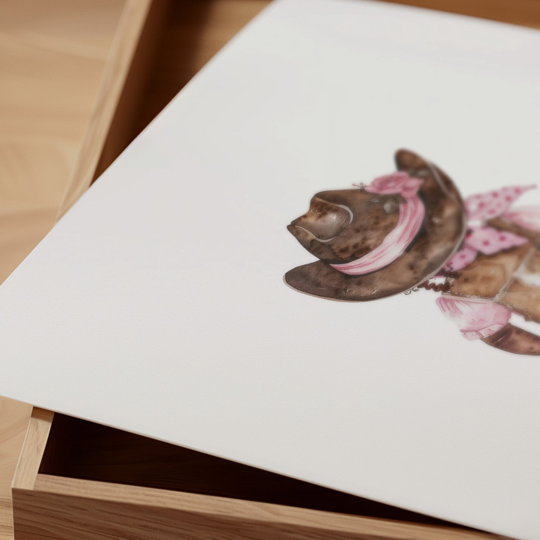 Whimsical watercolor cowgirl illustration in earthy browns, soft pinks, and cream, featuring intricately designed cowboy hat and boots with delicate floral accents, perfect for country-themed nurseries.