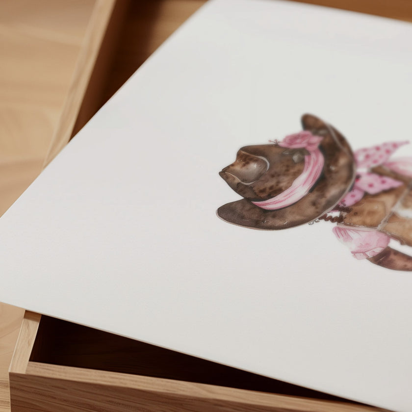 Whimsical watercolor cowgirl illustration in earthy browns, soft pinks, and cream, featuring intricately designed cowboy hat and boots with delicate floral accents, perfect for country-themed nurseries.
