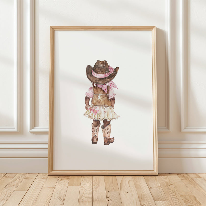 Whimsical watercolor cowgirl illustration in earthy browns, soft pinks, and cream, featuring intricately designed cowboy hat and boots with delicate floral accents, perfect for country-themed nurseries.