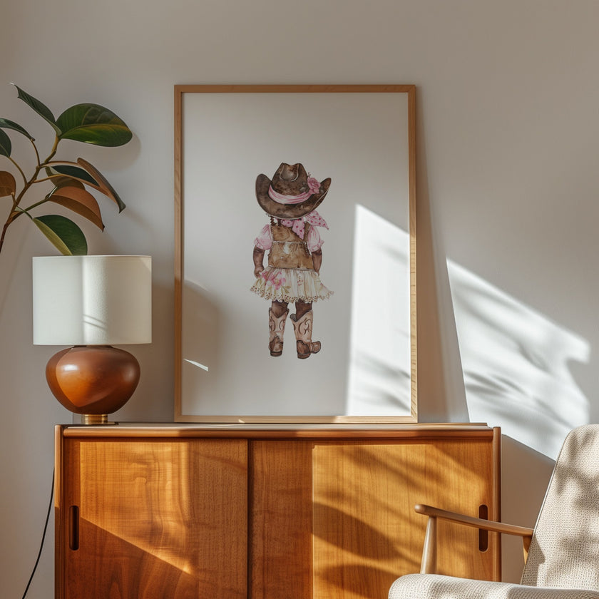 Whimsical watercolor cowgirl illustration in earthy browns, soft pinks, and cream, featuring intricately designed cowboy hat and boots with delicate floral accents, perfect for country-themed nurseries.