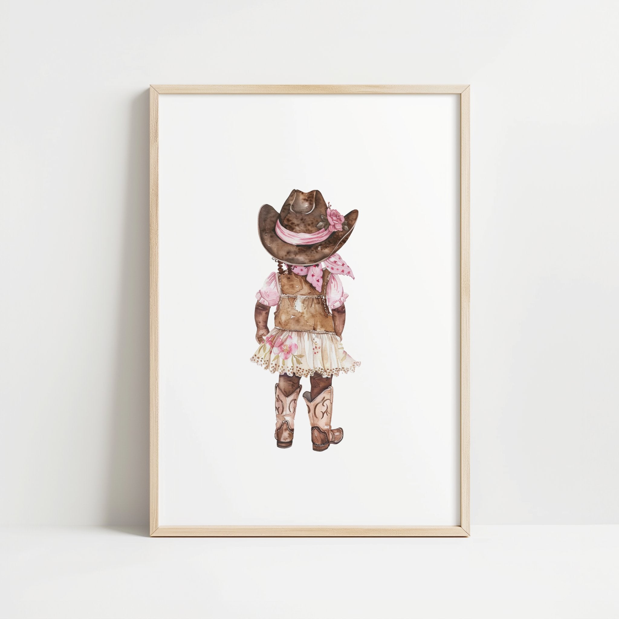 Whimsical watercolor cowgirl illustration in earthy browns, soft pinks, and cream, featuring intricately designed cowboy hat and boots with delicate floral accents, perfect for country-themed nurseries.
