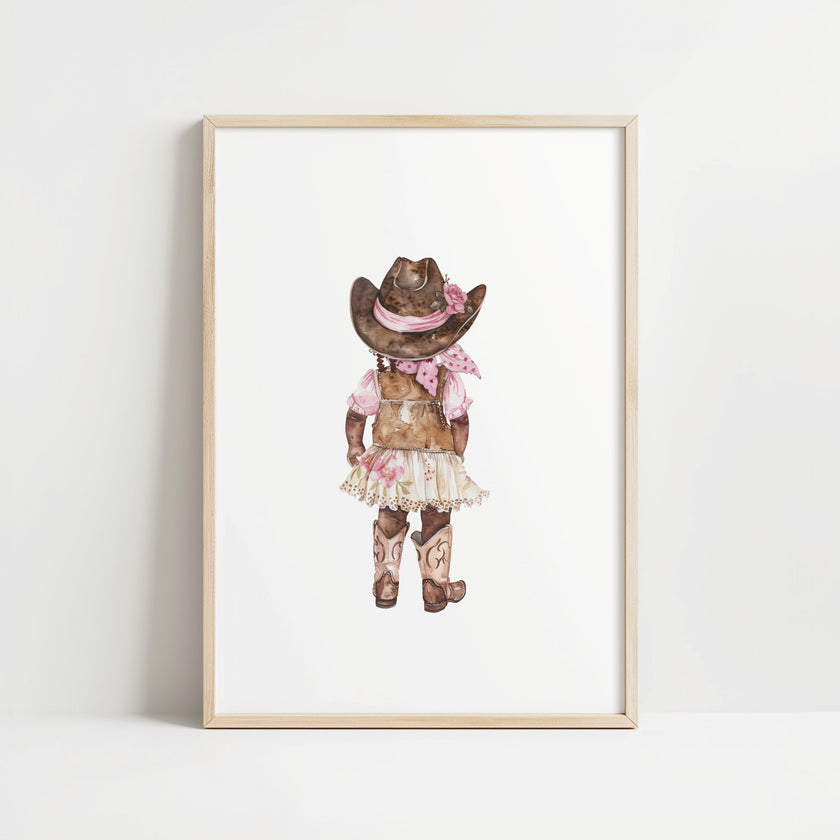 Whimsical watercolor cowgirl illustration in earthy browns, soft pinks, and cream, featuring intricately designed cowboy hat and boots with delicate floral accents, perfect for country-themed nurseries.