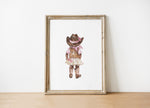 Whimsical watercolor cowgirl illustration in earthy browns, soft pinks, and cream, featuring intricately designed cowboy hat and boots with delicate floral accents, perfect for country-themed nurseries.