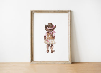 Whimsical watercolor cowgirl illustration in earthy browns, soft pinks, and cream, featuring intricately designed cowboy hat and boots with delicate floral accents, perfect for country-themed nurseries.