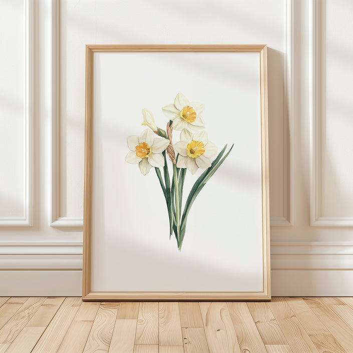 Delicate daffodils illustrated in soft buttery yellow and sage green watercolor against white background, framed in rustic wood, creating a serene cottagecore botanical focal point.