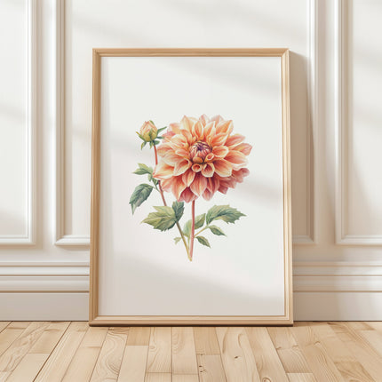 Detailed watercolor dahlia bloom in soft coral and leafy green against white background, featuring realistic petals and delicate shading, creating a serene focal point for Scandinavian and farmhouse spaces.
