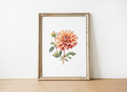 Detailed watercolor dahlia bloom in soft coral and leafy green against white background, featuring realistic petals and delicate shading, creating a serene focal point for Scandinavian and farmhouse spaces.