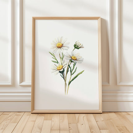 Delicate white daisies with yellow centers and green stems in soft watercolor style against clean white background, creating a serene minimalist botanical composition perfect for Scandinavian-inspired spaces.