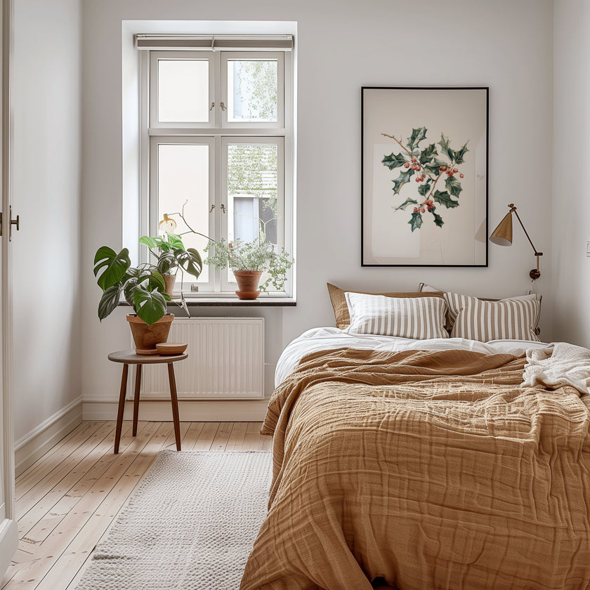 Elegant watercolor illustration of holly leaves and vibrant red berries against white background, framed in rustic wood, creating a sophisticated botanical Christmas art piece with calming white space.