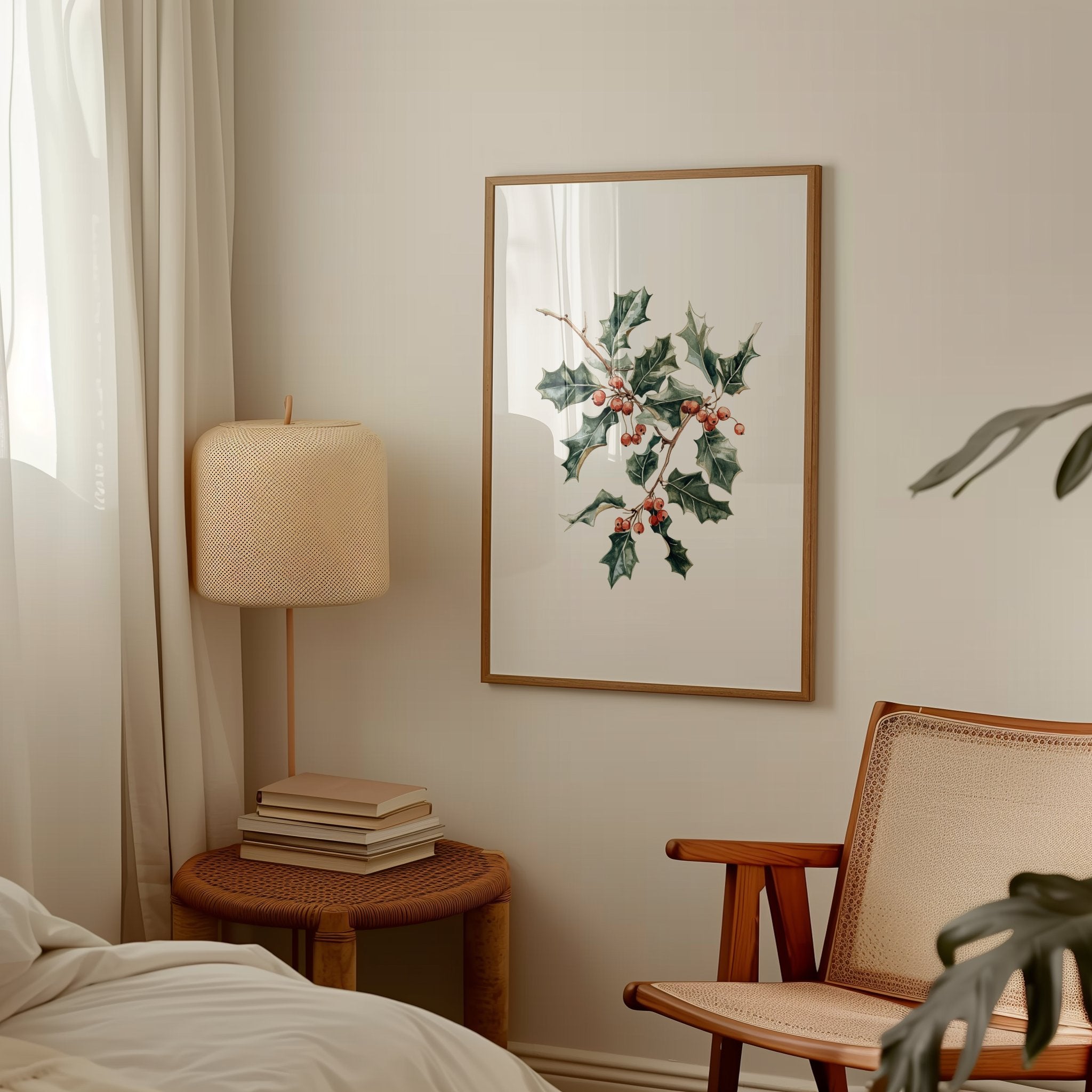 Elegant watercolor illustration of holly leaves and vibrant red berries against white background, framed in rustic wood, creating a sophisticated botanical Christmas art piece with calming white space.