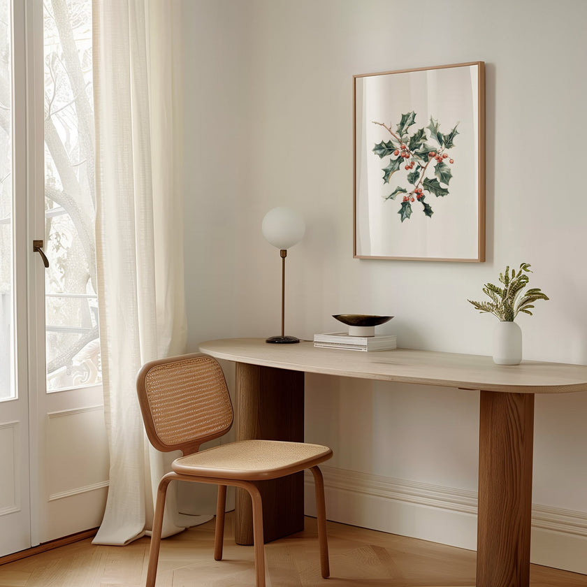 Elegant watercolor illustration of holly leaves and vibrant red berries against white background, framed in rustic wood, creating a sophisticated botanical Christmas art piece with calming white space.