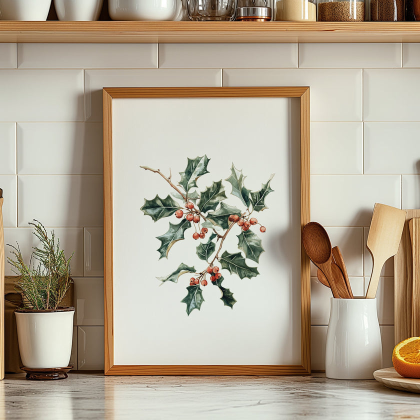 Elegant watercolor illustration of holly leaves and vibrant red berries against white background, framed in rustic wood, creating a sophisticated botanical Christmas art piece with calming white space.