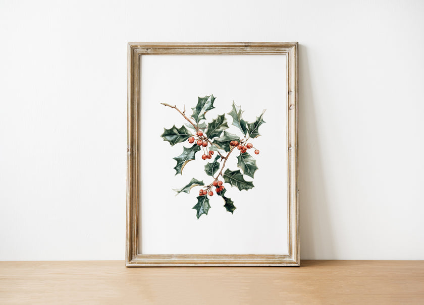 Elegant watercolor illustration of holly leaves and vibrant red berries against white background, framed in rustic wood, creating a sophisticated botanical Christmas art piece with calming white space.