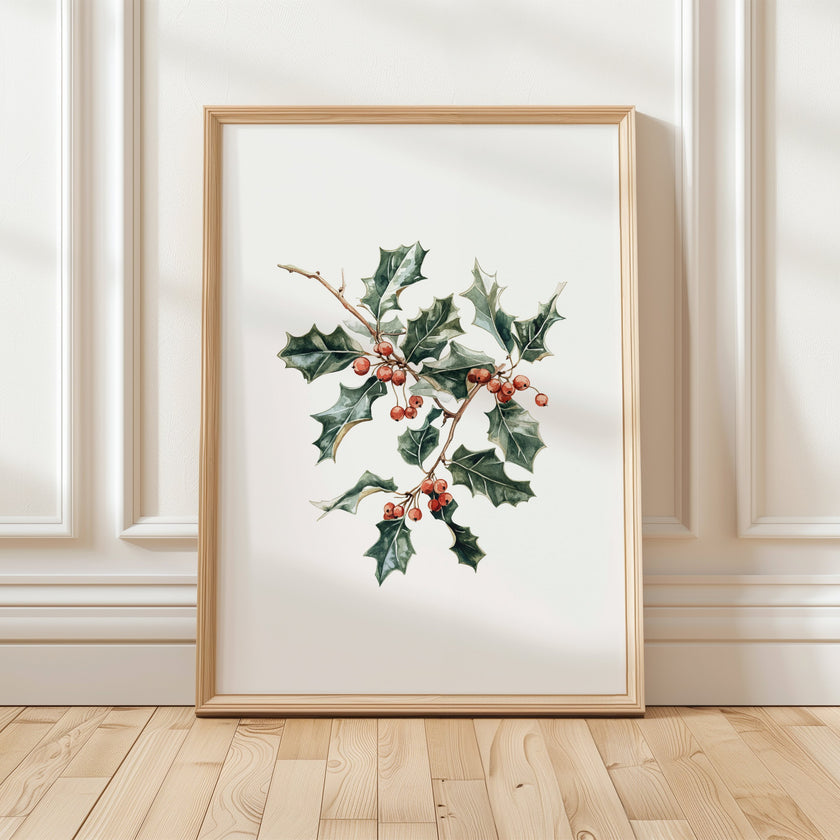 Elegant watercolor illustration of holly leaves and vibrant red berries against white background, framed in rustic wood, creating a sophisticated botanical Christmas art piece with calming white space.