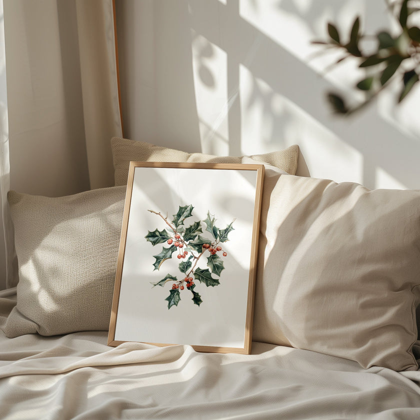 Elegant watercolor illustration of holly leaves and vibrant red berries against white background, framed in rustic wood, creating a sophisticated botanical Christmas art piece with calming white space.