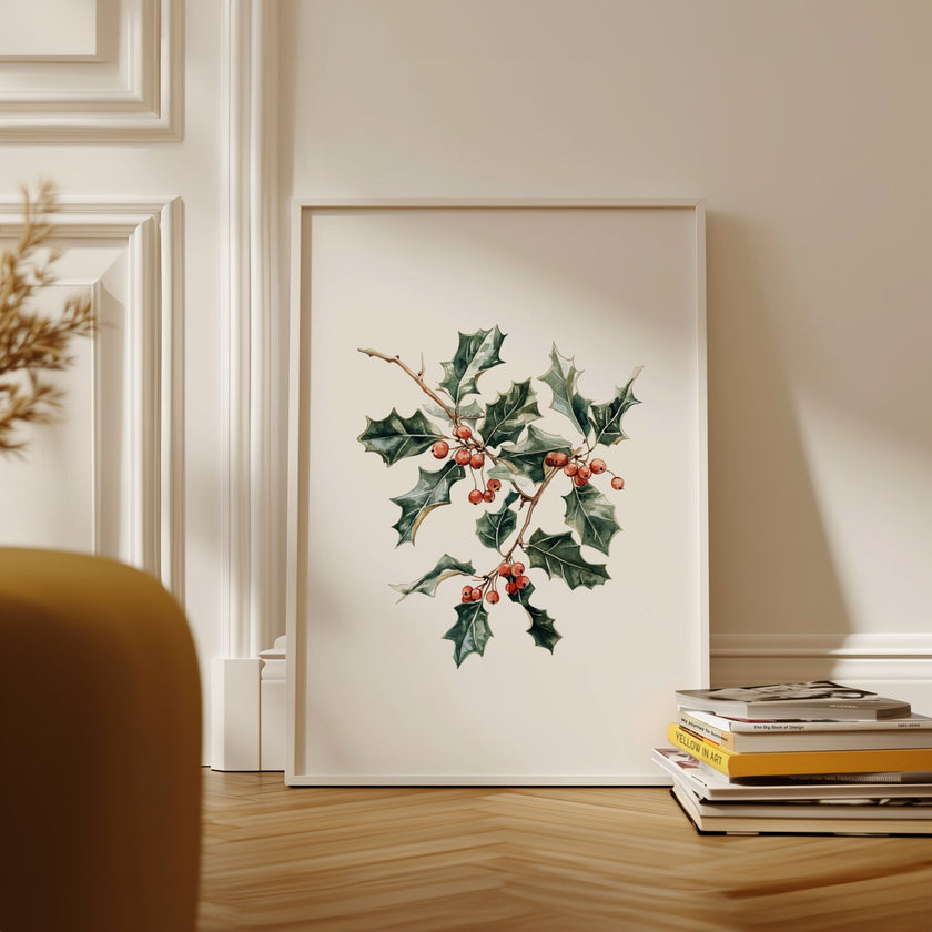 Elegant watercolor illustration of holly leaves and vibrant red berries against white background, framed in rustic wood, creating a sophisticated botanical Christmas art piece with calming white space.
