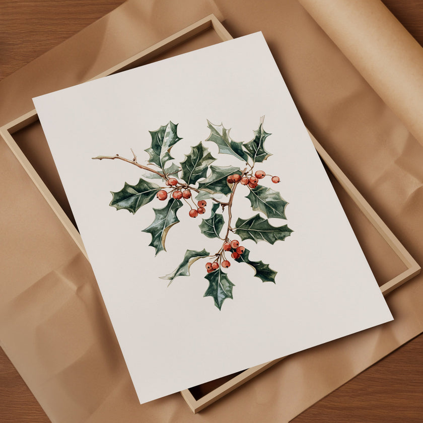 Elegant watercolor illustration of holly leaves and vibrant red berries against white background, framed in rustic wood, creating a sophisticated botanical Christmas art piece with calming white space.