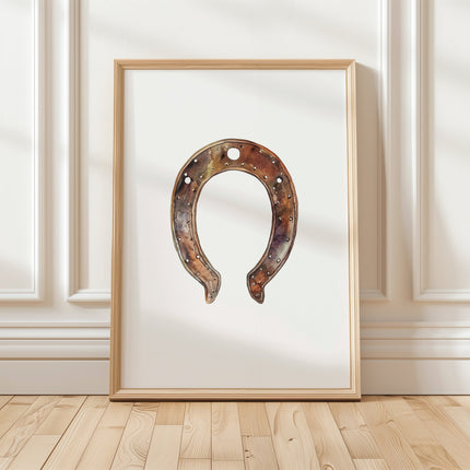 Vintage-style watercolor horseshoe in rust and copper tones against white background, featuring weathered patina details and minimalist design that conveys luck and stability for farmhouse spaces.