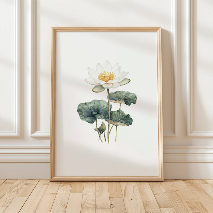Delicate white lotus flower with sage green leaves painted in soft watercolor against a clean white background, creating a serene, minimalist botanical illustration perfect for peaceful spaces.